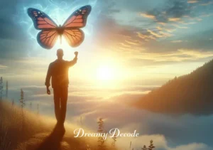 dream meaning butterfly _ The final image shows the person standing atop a hill at dawn, a single butterfly perched on their shoulder, symbolizing a newfound sense of clarity and purpose gained from their explorations of the symbolic significance of butterflies in dreams.