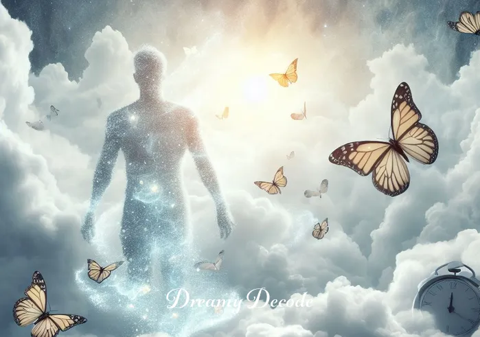 dream of butterfly meaning _ A dreamlike scene where the person appears to be floating among clouds, with butterflies gently fluttering around, symbolizing the elevation of their consciousness and the realization of the transformative power of their dreams.