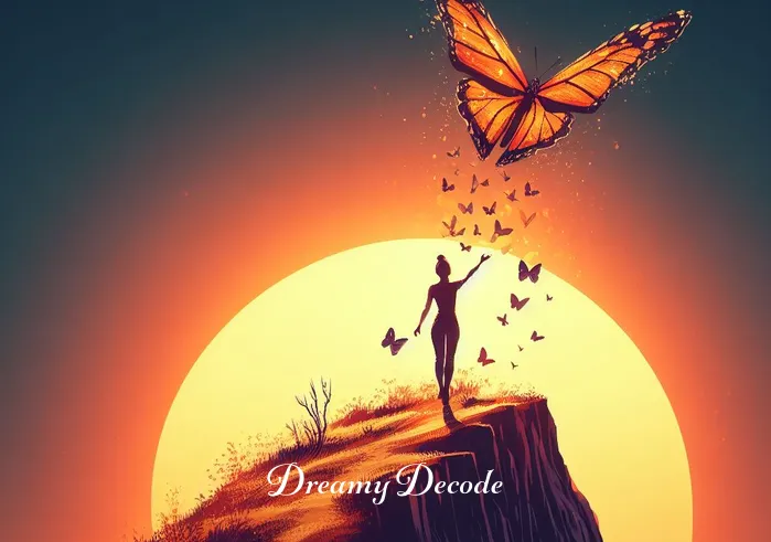 dream of butterfly meaning _ The final image depicts the person standing atop a hill at sunrise, releasing a butterfly into the sky, representing the culmination of their journey of self-discovery and the liberation of their dreams and aspirations into reality.