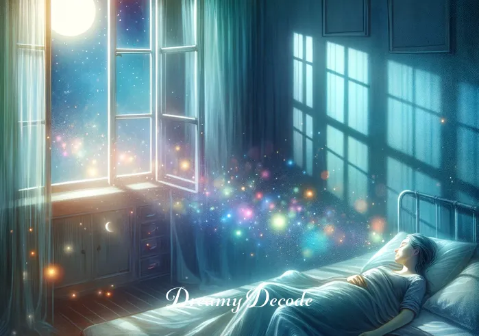 orange butterfly in dream meaning _ A serene bedroom with soft moonlight streaming through an open window, casting gentle shadows. A person lies asleep in bed, their expression peaceful. Faint, colorful glimmers of light float around the room, suggesting the onset of a dream.