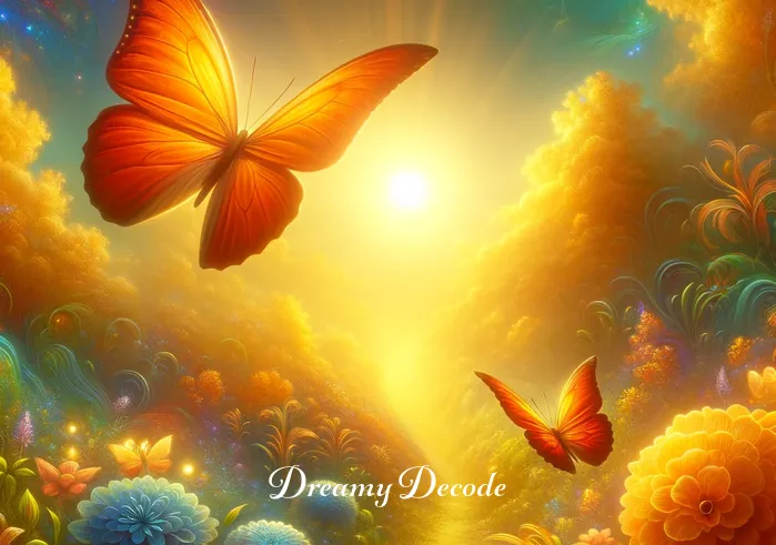 orange butterfly in dream meaning _ The dream sequence progresses to a lush, vibrant garden bathed in golden sunlight. Here, a large, vividly orange butterfly flutters gracefully among blooming flowers, symbolizing joy and transformation in the dreamer