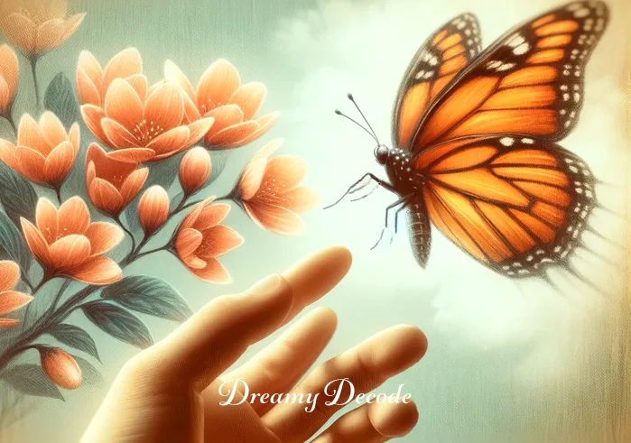 orange butterfly in dream meaning _ Transition to a closer view of the orange butterfly as it lands delicately on a blooming flower. The dreamer