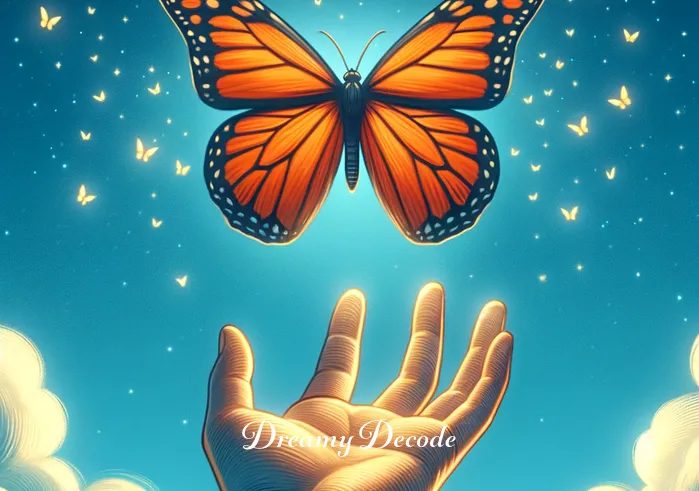 orange butterfly in dream meaning _ A final scene in the dream shows the butterfly taking flight from the dreamer's hand, soaring upwards into a clear blue sky. This represents the dreamer's aspirations and hopes taking flight, guided by the positive symbolism of the orange butterfly in their dream.