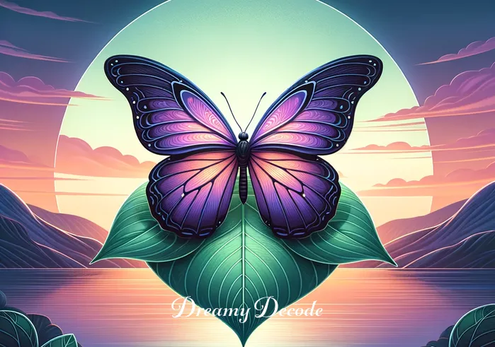 purple butterfly dream meaning _ A serene landscape at dusk, with a single large purple butterfly perched delicately on a vibrant green leaf. The background features soft shades of orange and pink in the sky, suggesting the setting sun. The butterfly