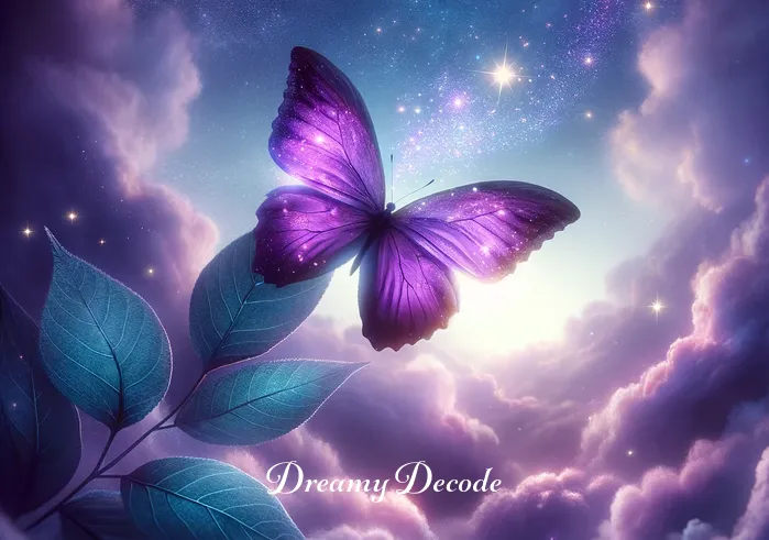 purple butterfly dream meaning _ A dreamlike scene where the purple butterfly takes flight, leaving the leaf behind. It ascends towards the twilight sky, which is now sprinkled with stars. The butterfly
