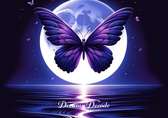 purple butterfly dream meaning _ An imaginative depiction of the purple butterfly soaring high above a moonlit ocean. The moon