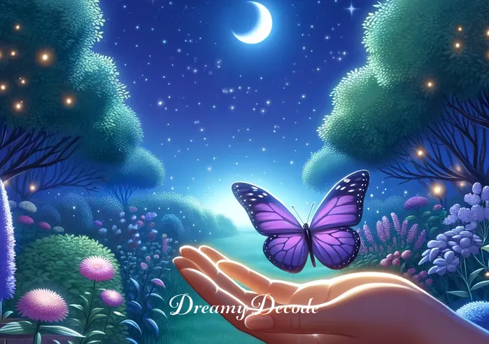 purple butterfly dream meaning _ A final scene where the purple butterfly lands on the hand of a smiling person, who is standing in a lush, moonlit garden. The garden is full of blooming flowers under the starry sky, and the butterfly's presence brings a sense of peace and fulfillment to the scene, symbolizing personal growth and spiritual enlightenment.