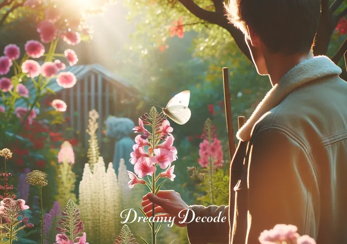 white butterfly dream meaning _ A person standing in a garden, gazing thoughtfully at a white butterfly perched on a blooming pink flower. The garden is lush with a variety of colorful plants, and the sun casts a gentle, warm light over the scene, creating a serene and contemplative atmosphere.