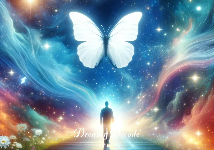 white butterfly dream meaning _ The image transitions to a dream-like sequence where the white butterfly transforms into a glowing, ethereal figure, leading the person through a starlit path. The surroundings are surreal, with vibrant, swirling colors and a peaceful, otherworldly ambiance, suggesting a journey of self-discovery or spiritual awakening.