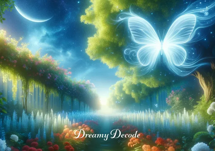white butterfly in dream meaning _ A peaceful dream sequence begins with a luminous white butterfly gently fluttering in a serene garden. The garden is filled with vibrant flowers and lush greenery, under a clear blue sky, creating a sense of tranquility and harmony.