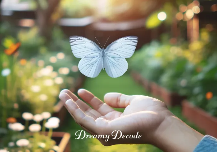 white butterfly in dream meaning _ The dream progresses to show the white butterfly landing delicately on the outstretched hand of a smiling individual in the garden. This scene symbolizes trust, connection, and a sense of peace between human and nature.
