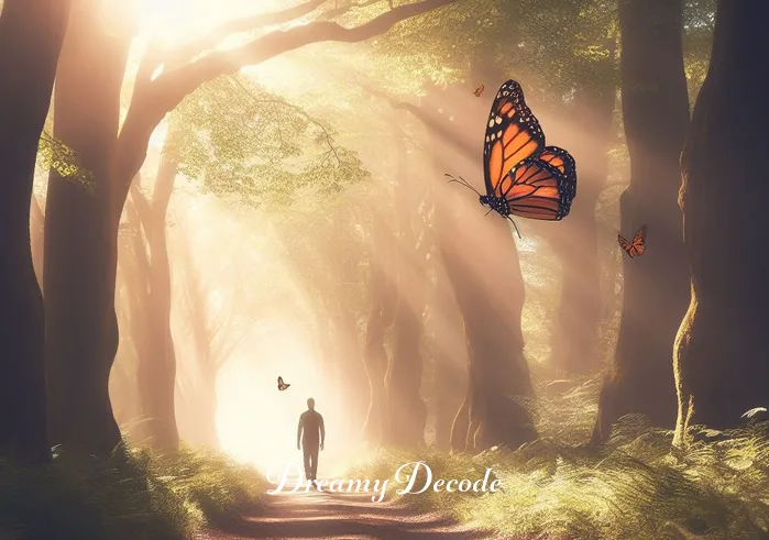 white butterfly in dream meaning _ Next, the butterfly takes flight, leading the dreamer on a symbolic journey through a sunlit forest path. The path is lined with ancient trees, dappled sunlight, and the soft sounds of nature, evoking a sense of guidance and exploration.