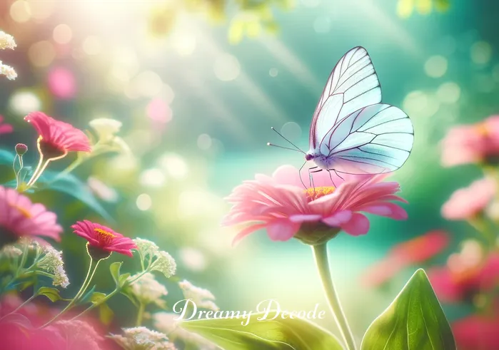 white butterfly meaning dream _ A serene garden scene with a white butterfly gently landing on a vibrant pink flower. The butterfly