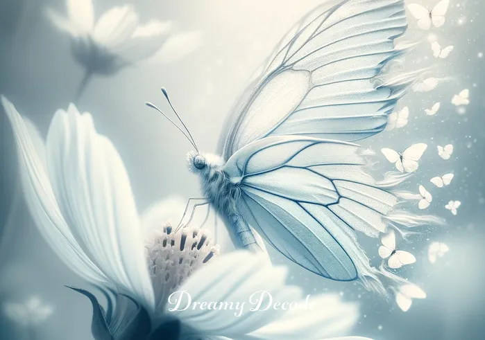 white butterfly meaning dream _ A close-up of the white butterfly as it rests on the flower, with its delicate wings slightly fluttering. The detailed view shows the butterfly