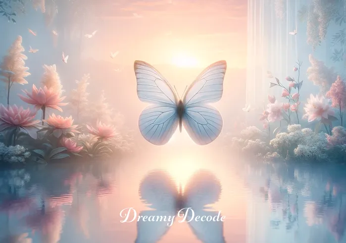 white butterfly meaning dream _ Transitioning to a dream-like setting, where the same white butterfly is seen gliding over a tranquil pond, casting a soft reflection on the water