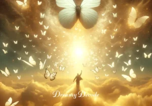 white butterfly meaning dream _ A final image depicting the white butterfly soaring towards the sky, now surrounded by a multitude of other white butterflies. The scene is bathed in a warm, golden light, giving a sense of elevation and spiritual awakening, in line with the theme of dreams and their meanings.