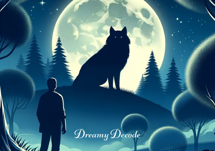 wolf attack dream meaning _ A dreamer standing in a tranquil forest clearing, looking with curiosity at a distant wolf. The wolf, majestic and calm, stands atop a small hill, silhouetted against a full moon. Trees gently sway in the night breeze, casting soft shadows on the ground. The scene conveys a sense of anticipation and mystery, hinting at the deeper meanings of dreams involving wolves.