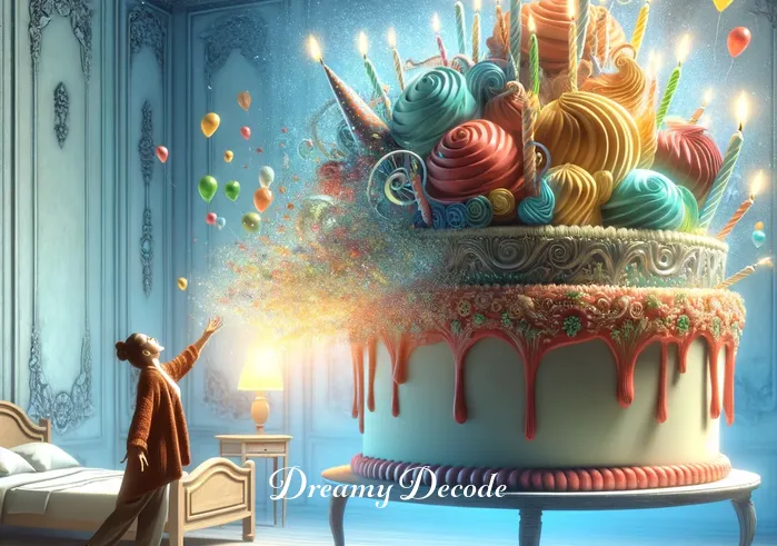 birthday cake dream meaning _ A vivid, colorful dream scene where a person is joyfully discovering a large, beautifully decorated birthday cake in an empty room, symbolizing unexpected surprises and delights.