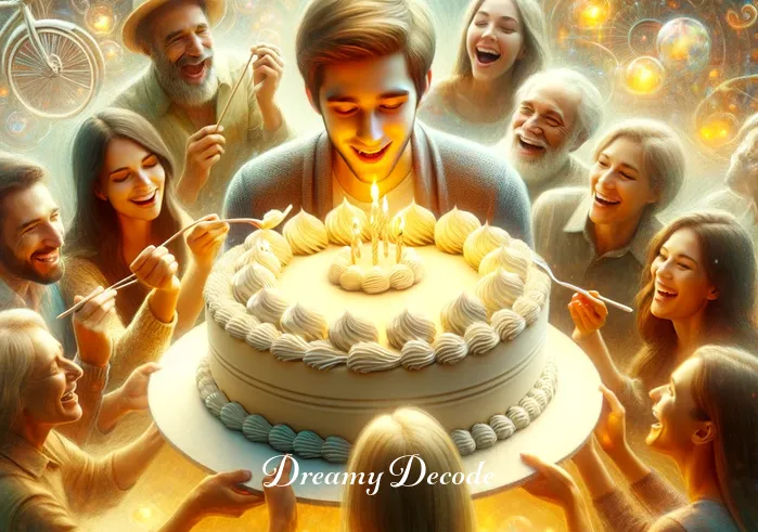 birthday cake dream meaning _ Transition to a scene where the person is sharing the cake with a diverse group of friends, illustrating community, friendship, and the distribution of happiness.