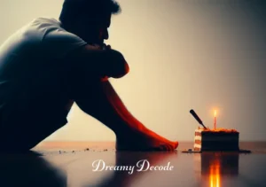 birthday cake dream meaning _ A reflective moment where the person is sitting alone with a remaining piece of cake, contemplating a single lit candle on it, signifying self-reflection, personal growth, and the passage of time.
