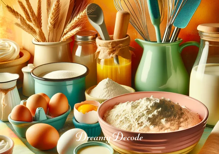 cake dream meaning _ A vibrant, colorful kitchen with an array of baking ingredients and tools neatly arranged on a counter. In the center, a bowl of flour, a jug of milk, eggs, and sugar hint at the beginning of a cake-making process. The environment is warm and inviting, perfect for someone about to embark on baking a cake in their dream.