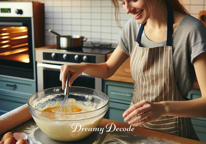 cake dream meaning _ The same kitchen now shows a person in a cheerful apron gently folding batter in a large mixing bowl. The counter is a little messy with flour and eggshells, signifying the progress of baking. In the background, a preheated oven glows, ready for the next step. The person