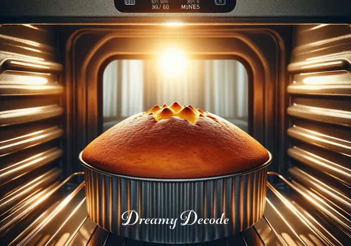 cake dream meaning _ A beautifully rising cake in the oven, viewed through its glass door. The cake has a golden-brown top and seems to be almost ready. The oven timer shows a few minutes left, indicating the anticipation of a successfully baked cake. This image symbolizes the nearing completion of a goal or a pleasant surprise, as often interpreted in dreams about baking cakes.