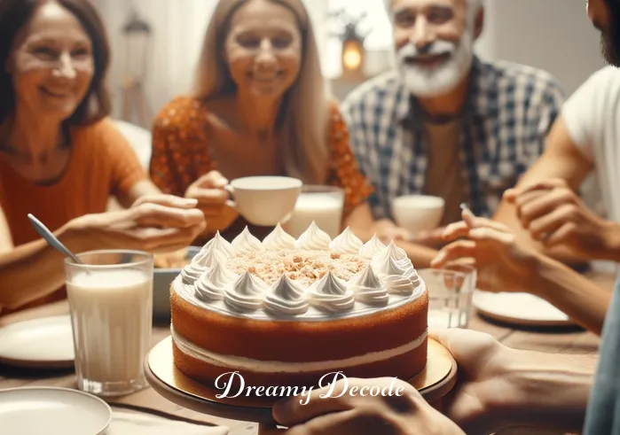 cake in dream meaning _ Finally, the person shares the cake with a group of smiling friends at a small gathering. The sharing of the cake symbolizes the dreamer's acceptance and integration of the dream's message into their social interactions and personal relationships.