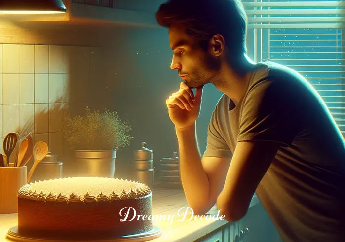 chocolate cake in dream meaning _ A person standing in a kitchen, looking thoughtfully at a large chocolate cake on the counter. The cake is uncut, and there