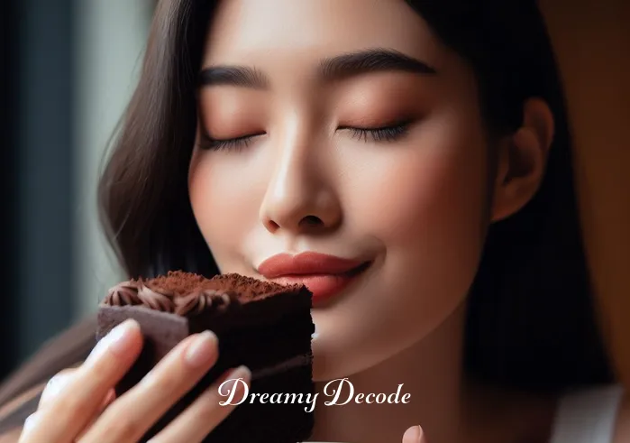 chocolate cake in dream meaning _ In this scene, the person is tasting the chocolate cake, eyes closed and a look of contentment on their face. The cake looks rich and moist, and the expression suggests a deeply satisfying, almost blissful experience.
