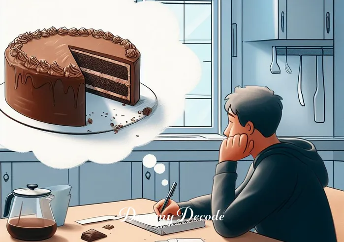 chocolate cake in dream meaning _ The final image shows the person sitting at the kitchen table, the chocolate cake now half-eaten in front of them. They appear deep in thought, with a pen and notebook beside them, possibly reflecting on the meaning of this dream experience.