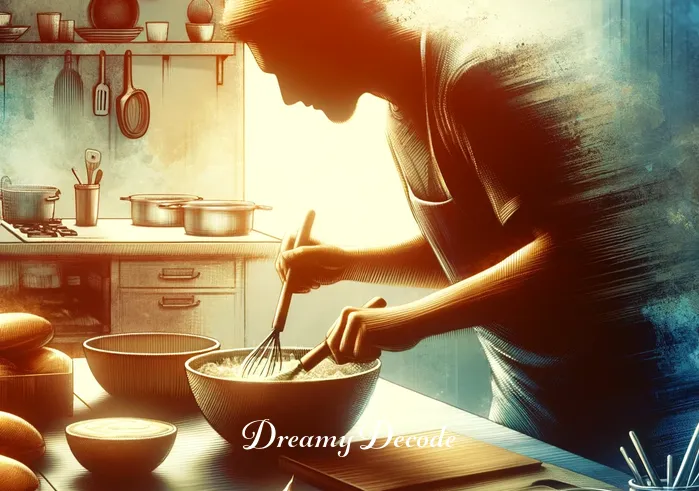 dream about cake meaning _ The same kitchen now bustling with activity. The person is earnestly mixing batter, surrounded by bowls and utensils. A sense of progress and dedication is evident, reflecting the pursuit of goals and the process of bringing dreams to fruition.