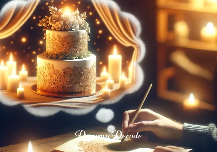 dream meaning cake _ A person dreaming about a beautifully decorated cake on a table in a warmly lit room, symbolizing a celebration or achievement in the dream. The cake is surrounded by soft candlelight, creating a cozy and positive atmosphere.