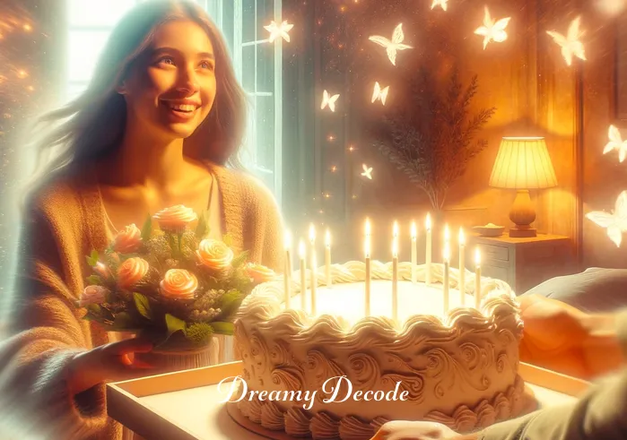 dream meaning cake _ The dream transitions to the person receiving the cake with a joyful expression, representing the acceptance and appreciation of rewards or blessings in their life. The room is filled with light and warmth, enhancing the feeling of happiness and gratitude.