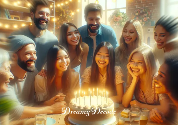 dream meaning cake _ The dreamer shares the cake with a diverse group of smiling friends and family, symbolizing sharing of joy and success with loved ones. The room is brightly lit, and the table is adorned with festive decorations, emphasizing a sense of community and togetherness.