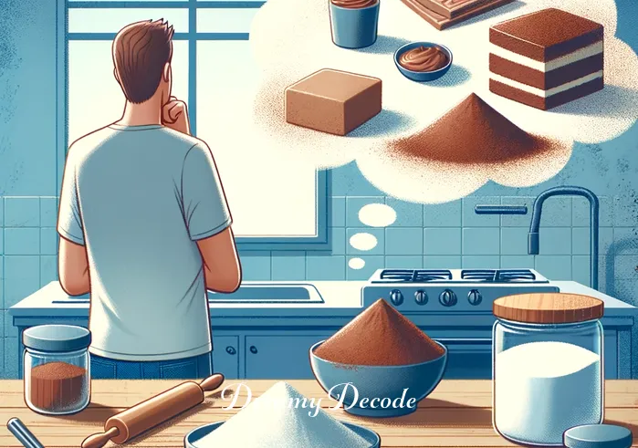 dream meaning chocolate cake _ A person standing in a kitchen, gazing thoughtfully at a table laden with ingredients like flour, sugar, and cocoa powder, symbolizing the initial stage of contemplating or dreaming about making a chocolate cake.