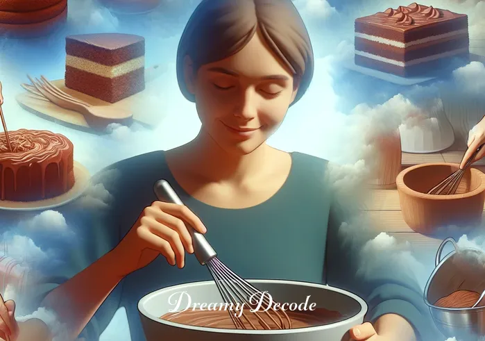 dream meaning chocolate cake _ A dream-like sequence showing the same person, now with a gentle smile, mixing the ingredients in a large bowl, representing the process of blending different aspects of life or emotions, akin to the themes of a dream about making chocolate cake.