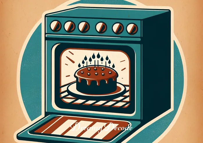 dream meaning chocolate cake _ An oven with a window, through which a chocolate cake can be seen baking, the cake rising slowly, symbolizing the maturation or development of ideas and emotions, a common interpretation in dreams about cooking or baking.