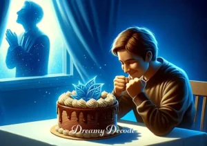 dream meaning chocolate cake _ The final scene depicts the person at a table with a beautifully decorated chocolate cake in front of them, their expression one of contentment and accomplishment, mirroring the fulfillment and joy often associated with realizing dreams or achieving goals, in line with the article's topic of dream interpretation.