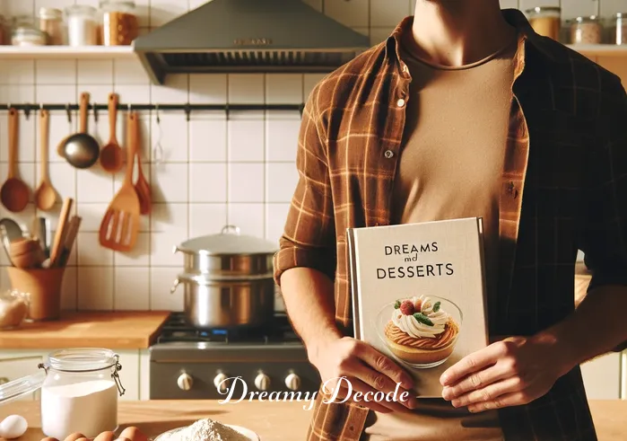 dream meaning eating cake _ A person standing in a bright, cozy kitchen, holding a cookbook titled "Dreams and Desserts." They appear thoughtful, gazing at a recipe for "Celestial Cake," with various ingredients like flour, sugar, and eggs laid out on the counter, ready for use.