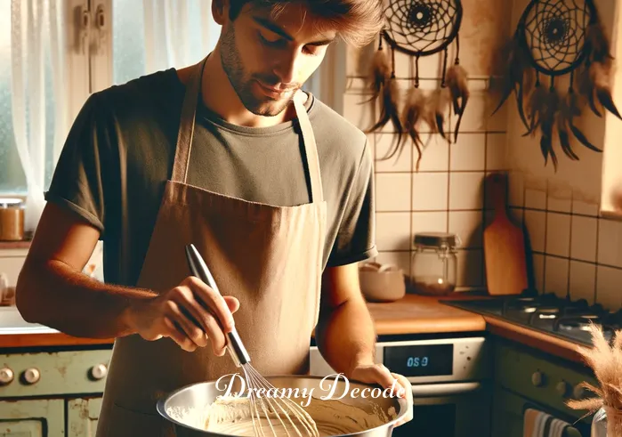 dream meaning eating cake _ The same person now mixing ingredients in a large bowl. The kitchen is filled with a warm glow, and the person seems focused and content, stirring the mixture with a wooden spoon. On the counter, a dreamcatcher hangs, adding to the dreamy atmosphere.