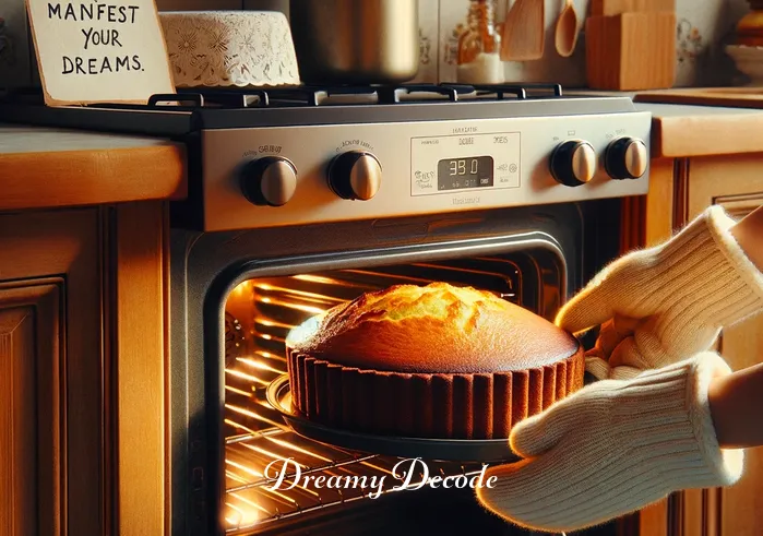 dream meaning eating cake _ The oven door is open, revealing a beautifully risen cake with a golden-brown top. The person, wearing oven mitts, is carefully taking the cake out. The kitchen is filled with the inviting aroma of baked cake, and a small note on the counter reads, "Dream Cake: Manifest Your Dreams."