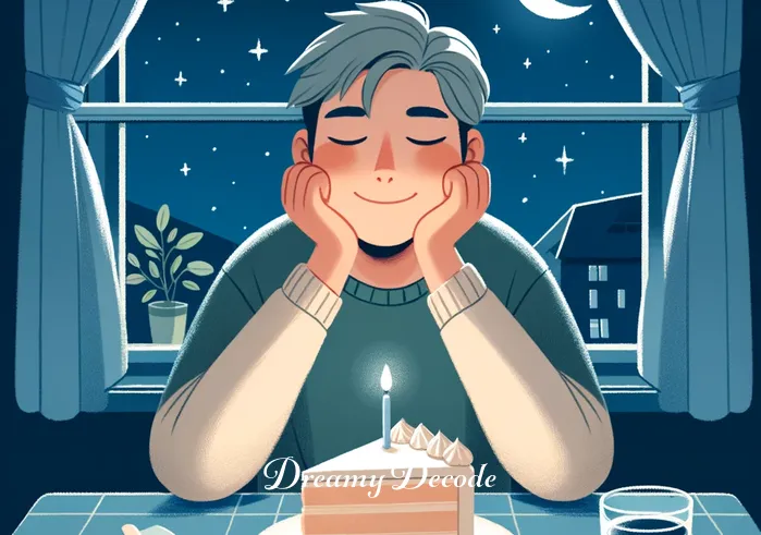 dream meaning eating cake _ The final image shows the person at a table with a slice of cake in front of them. They are closing their eyes, making a wish, with a peaceful smile on their face. The cake looks delicious, with fluffy layers and creamy frosting. In the background, a window shows a starry night sky, adding to the magical feel.