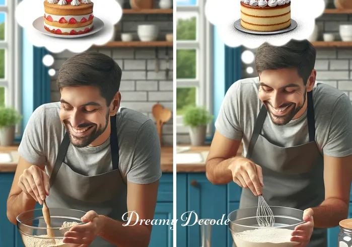 dream meaning of cake _ The same person now actively mixing the ingredients in a bowl, with a joyful expression, representing the process of creating something delightful, akin to the positive emotions often associated with dreaming about cake.