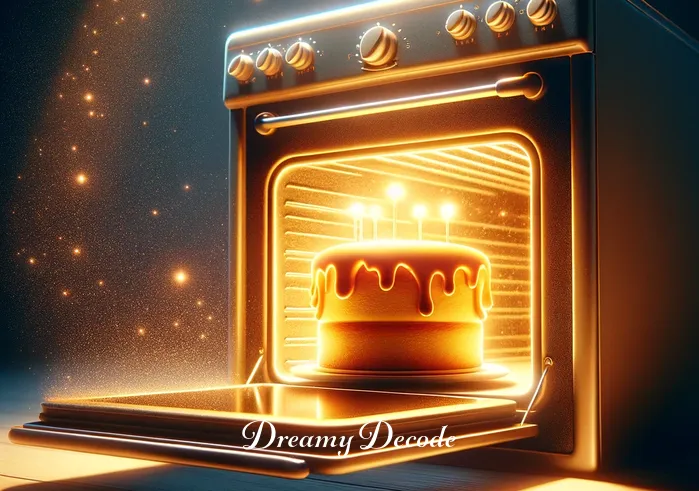 dream meaning of cake _ An oven lit up with a golden glow, inside which a cake is seen rising and baking, symbolizing the transformation and growth often interpreted in dreams about baking or cooking.