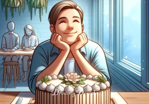dream meaning of cake _ The final scene shows the person at a table with a beautifully decorated cake in front of them, smiling contentedly, representing the fulfillment and satisfaction of seeing a dream or project come to fruition, much like the interpretation of a dream about cake.