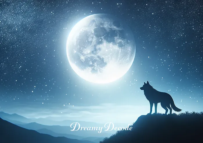 wolf attack dream meaning islam _ A serene night sky filled with stars, under which a lone wolf is seen at a distance, standing on a hilltop against the moon, creating a sense of mystery and introspection.