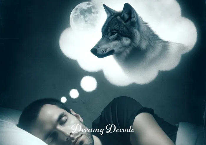 wolf attack dream meaning islam _ A dreamer, depicted in a peaceful sleeping pose, with a faint image of a wolf