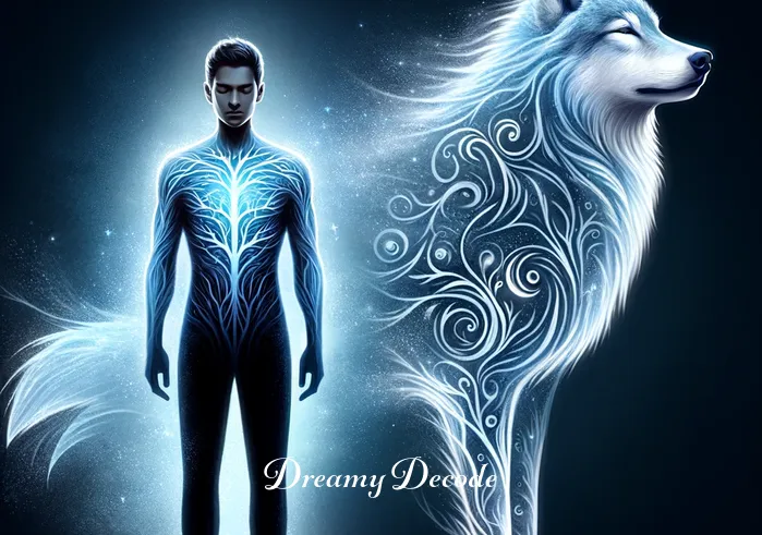 wolf attack dream meaning islam _ A symbolic representation of inner strength and guidance, with the dreamer now standing confidently, eyes closed, and a transparent, ethereal wolf standing beside them, suggesting spiritual protection and inner wisdom.