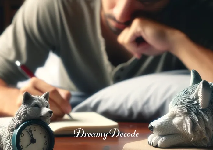 wolf attack dream meaning islam _ The dreamer, now awake, pensively writing in a journal with a calm expression, reflecting on the dream. A small, peaceful wolf figurine sits on the table, symbolizing the dream's impact and the pursuit of understanding its meaning.